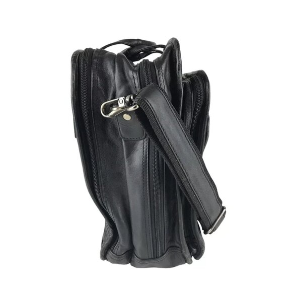 Dilana Unisex Black Leather Outer Pockets Detachable Strap Top Handle Laptop Bag - Picture 4 of 11